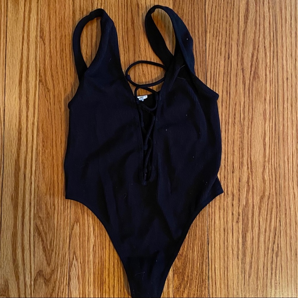 Black Stretchy Lace up Bodysuit